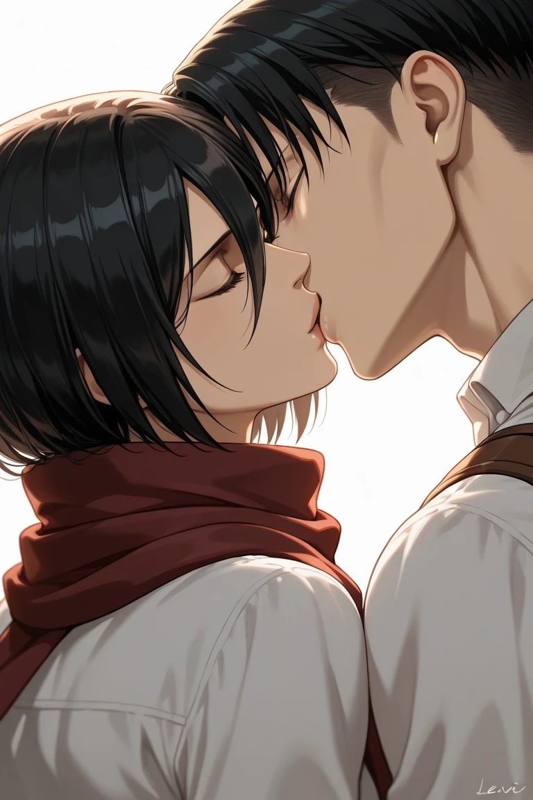 Levi and Eren from Attack on Titan kissing (Eren pushing Levi into the wall)