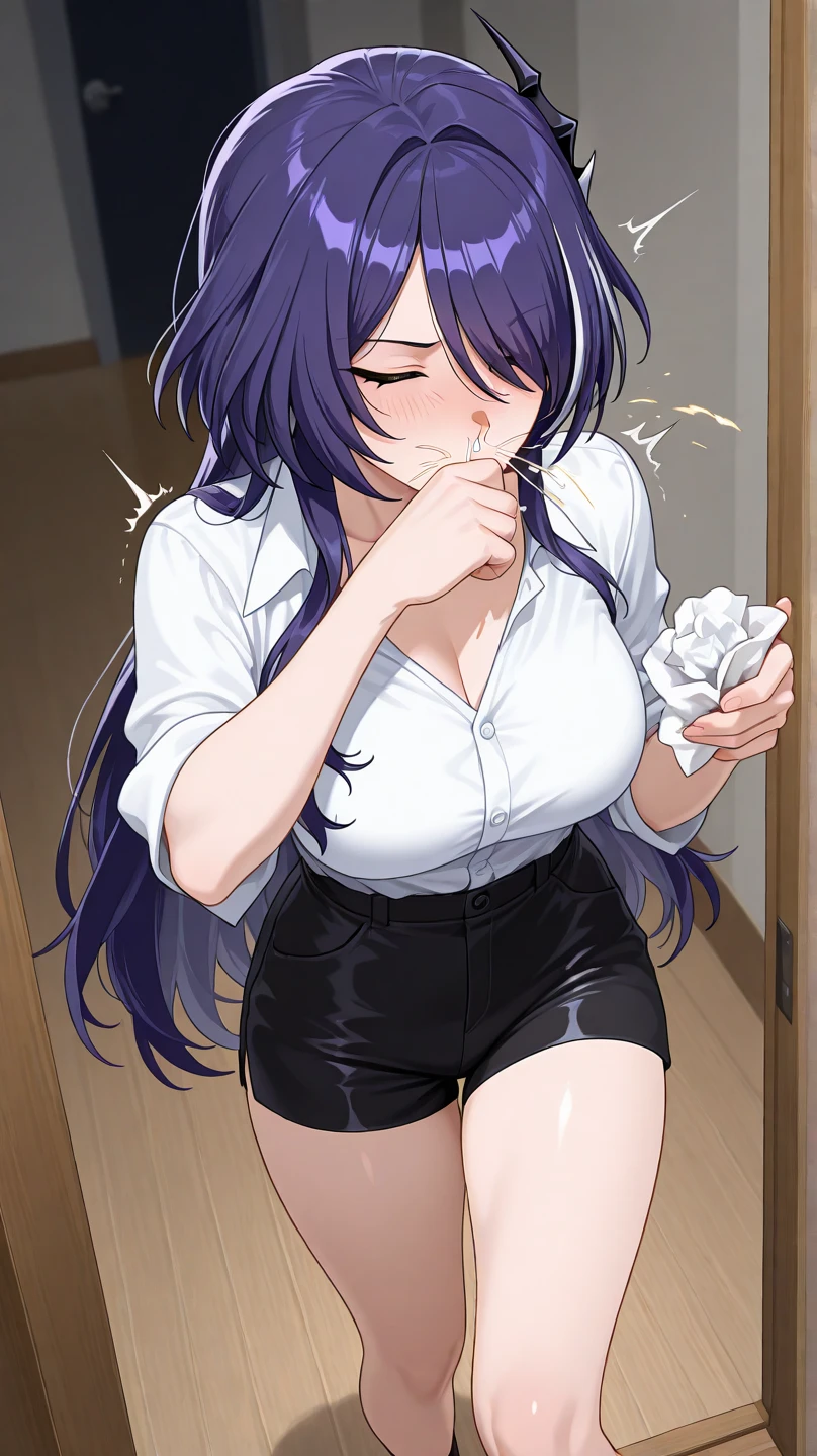 (masterpiece:1.37), best quality, (extremely detailed:1.37), (1girl:1.5), woman, (mature:1.5), (adult:1.5), large breasts, very long hair, (straight hair:1.5), (very dark purple hair:1.5), purple eyes, (extremely detailed eyes:1.37), hoodie, jeans, desperation, (wetting self:2.0), standing, embarrassed, humiliation, blushing, angry, (crossed arms:1.5), office, indoors, window, cityscape, full body