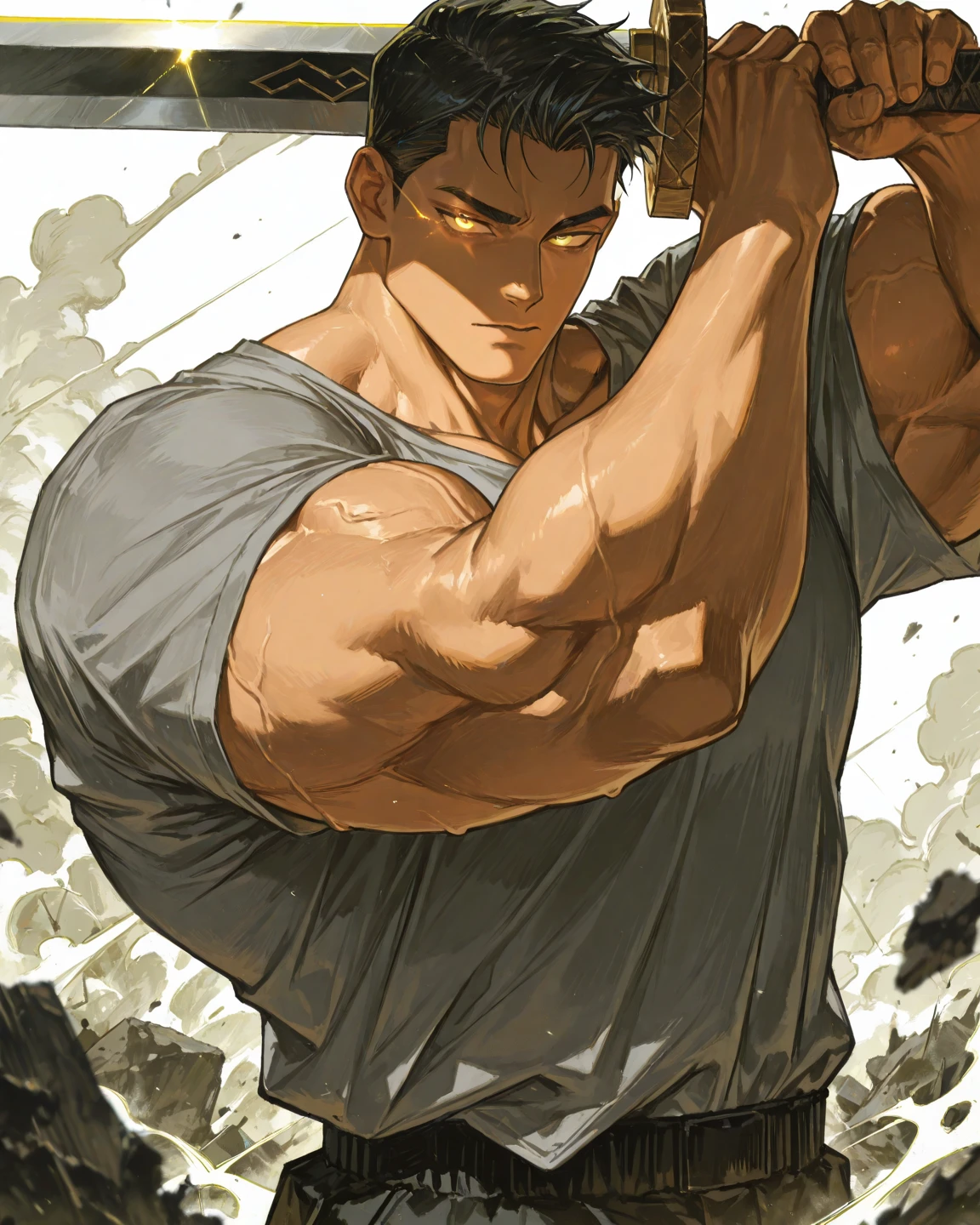 16 year old boy, 1.60 cm tall, dark green eyes, long dark brown hair, slim and muscular  ,wind breaker style and  long face, fighter  
Anime, dressed in a white tank top and long black trousers 