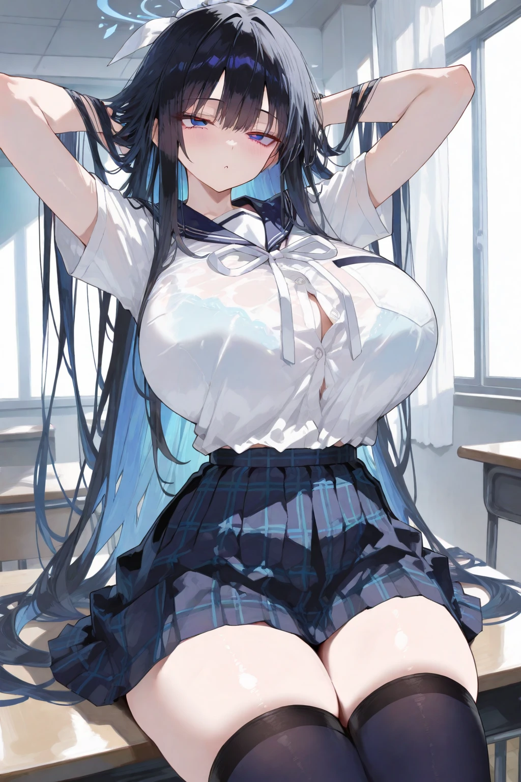 (8k, highest quality, masterpiece:1.2),\(Narrow eyes),(\(Garment Details\)\),Cowboy Shot,(Huge breasts) ,Very detailedなCG Unity 8k 巨大なファイルサイズ,Very detailed,High resolution,Absurd,Beautiful Eyes,Ray Tracing,Dramatic Shadows,finely,Hyper Detail,(1 girl:1.3),(alone)、(Blue long hair)、(A view from slightly below)、(((Office Lady、White shirt、Black Pencil Skirt)))、blush、Thick thighs、hot、(((Haa)))、((Simple Background))、Face the front of your body towards the viewer、Wide Hips、sexy、((Please put your hands behind your head))、lure、(((visible breath)))、((Visible panties))、((Embarrassed look))、((Squat、正面を向いてSpread your legs wide))、((Wet))、Spread your legs wide、Glamorous Body