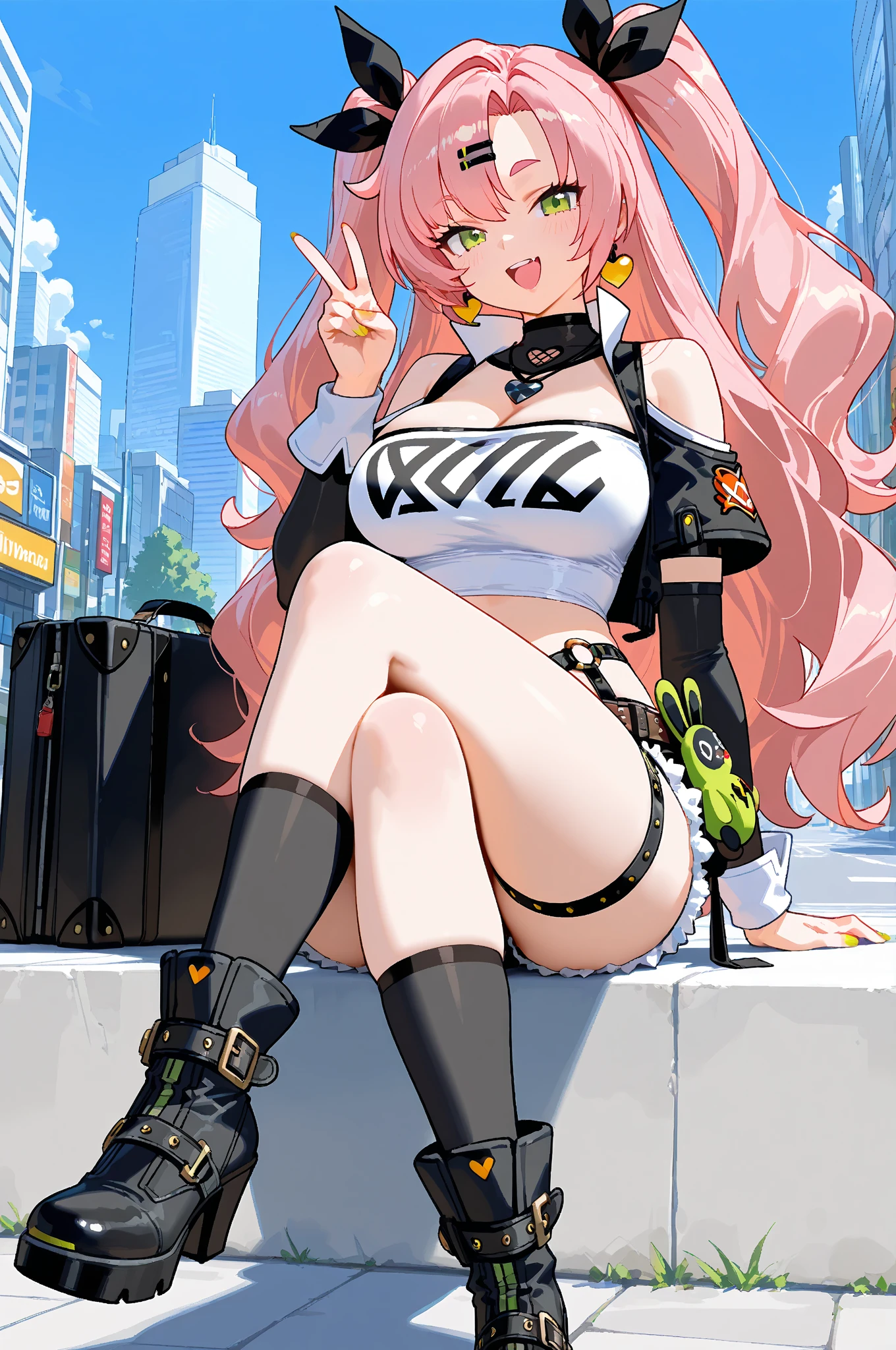 (((unique look:1.5, The eyes of famous artists, Unique Fashion)))、Pink Hair (White Hair Girl), (Thick, dark blue eyebrows:1.4), (Dark blue eyebrows:1.7), (Thick eyebrows:1.3), (Huge black fluffy animal ears:1.1), (Black animal ears:1.1), break, (((Mesh Stitching Crop T-Shirt, Cutout Long Sleeve Top))),break, (Big Breasts:1.2, Thick legs, Adult female body, Sturdy body:1.5), ((Relax in the great outdoors:1.5)), (sharp eyes, Ultra-high definition CG, Precisely designed costumes, 4k, 8k, Ultra-high definition CG, Precisely designed costumes, Clear lines, Expressive and Captivating Eyes, Fine Details and Realistic Textures, cinematic lighting), ((white background)), break, (Wearing black leggings with holes), Skinny sleeves, (Torn and holey leggings:1.2)(Black leggings:1.4), (Punkish Boots:1.2), (Thick sole:1.5), (Big shoes:1.3), ((unique look:1.5, The eyes of famous artists))