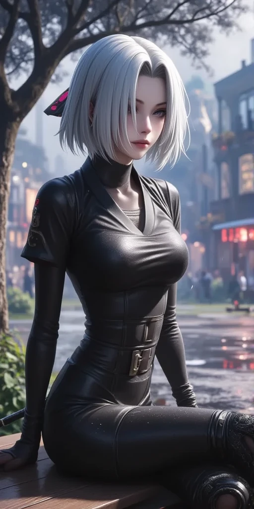 gwen tennyson,yorha 2b,tracer,y'shtola rhul,overwatch,nier automata,close up,bamboo forest,tattoos,orange plugsuit,short sleeve pilot top,short sleeve leather pilot jacket,white and orange lycra tight skirt,silver steel leather corset,short hair,punk makeup,green eyes,multicolored silver punk hair,sexy smile,freckles,beautiful girl,thigh high boots,large breasts,8k,ultra detailed,realistic,fantasy art,steel armor,cyborg armor,military uniform,pilot uniform,winter scarf,hair pin,ear piercings,japanese shrines,goth hand and neck jewelry,walking,(weather:leaves falling),arc reactor,1girl,