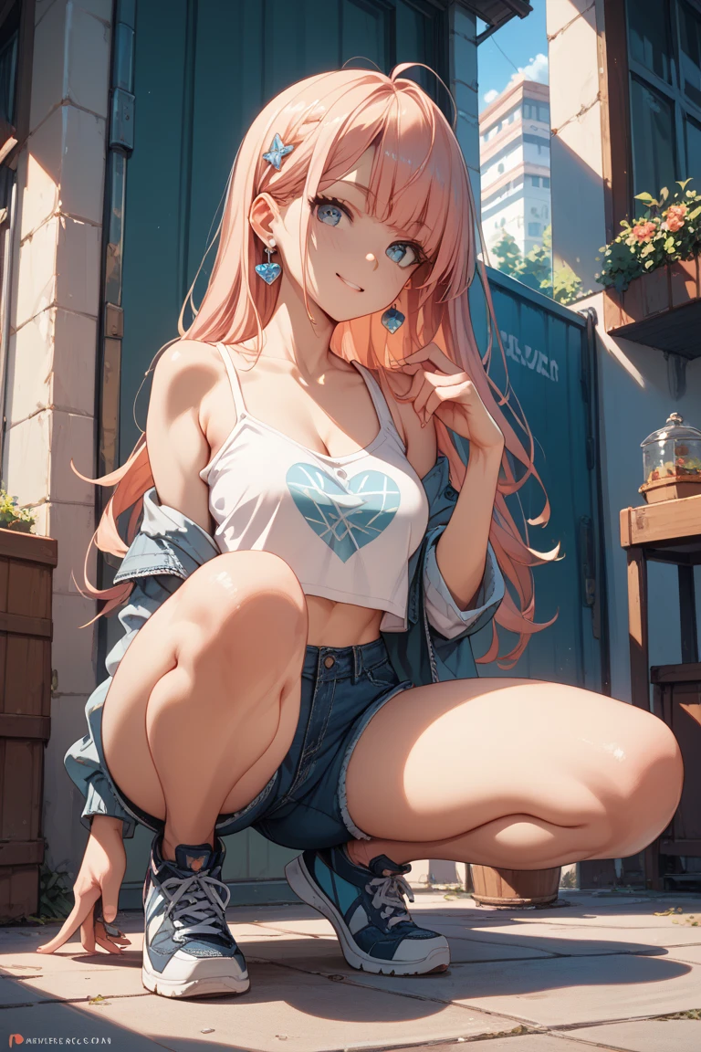 Best Quality,High resolution,8k,(plain white background, no patterns, no textures, just a plain white background:1.3),Masterpiece:1.2),beautiful girl,Shiny pink hair,messy hair,Pink eyes,A teenage girl in a bright, oversized graphic tee or tank top with a cheerful design, paired with high-waisted shorts in a light, colorful cotton fabric with a subtle pattern. She is wearing casual sneakers with a pop of color or simple yet stylish sandals. Accessories include a playful pendant necklace and colorful stud earrings,Gentle look,A refreshing look,smile,Best quality,Best Quality,Aesthetic and aesthetic:1.2,Best details((Super detailed))(High-definition CG illustrations),Slender body,smile,blush,cute,Scrounge,Looking up,Being spoiled,super model