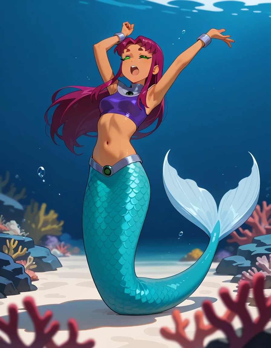 (SirenCupHead in the ocean:1), 1girl, purple hair, monster girl, curvy, smile, looking at viewer, makeup, (cowboy shot:1.3), medium breast, short hair, shell bikini, mermaid tail,
simple background, dynamic angle, dynamic pose,
(masterpiece:1.2), (best quality, highest quality), (ultra detailed), (8k, 4k, intricate)
 <lora:CupheadSiren_character:0.8> <lora:3DMM_V10:0.6>