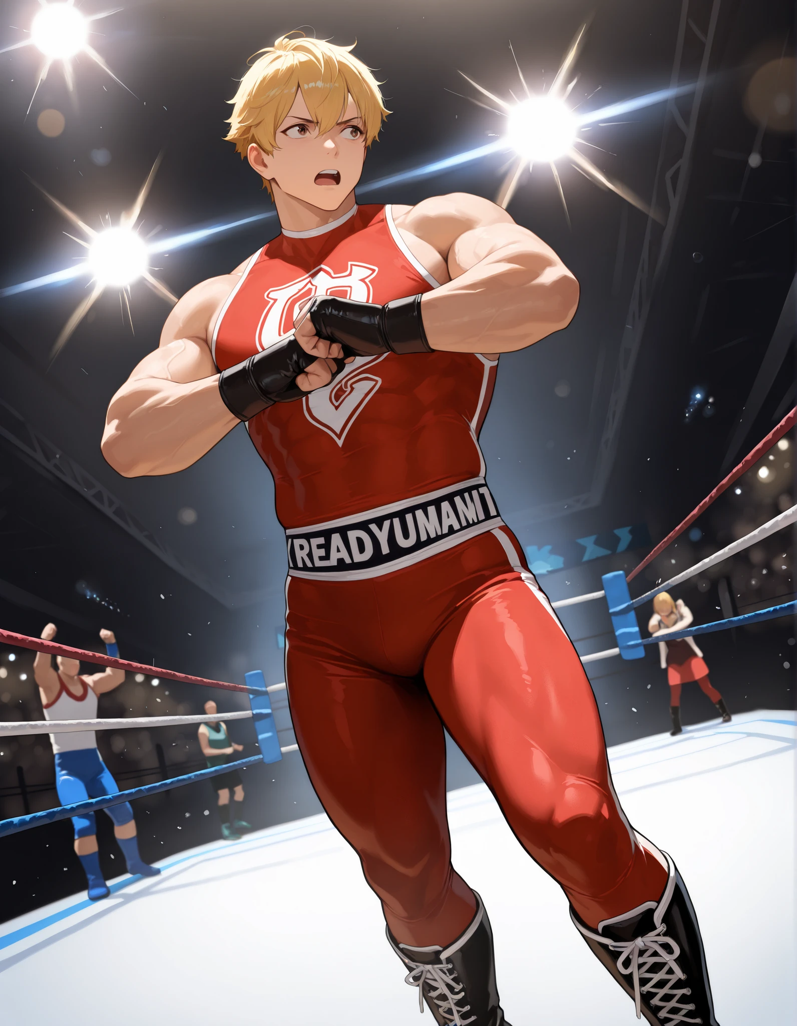score_9, score_8_up, score_7_up, source_anime, score_6_up, score_5_up, score_4_up, BREAK 1guy, heavy weight muscular, black wrestling bikini, solo, topless, blonde, fighting stance, hollywood action, masculine handsome guy, tsurime, sanpaku, blue eyes, spiked hair, nipples, abs, male high ratio body proportions, dramatic expression, dutch angle, on wrestling ring, thick waist, stocky waist, slighty chubby, muscular plump, 1990s, cinematic shadows, cinematic lighting, lens flare, light leaks, VHS Quality