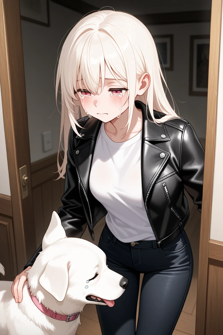 short hair,blonde hair,purple eyes,cat ears,vibrator in thights,black tights,tight t-shirt,collar,leash,embarrasment,looking away,blush,at the school empty corridor
