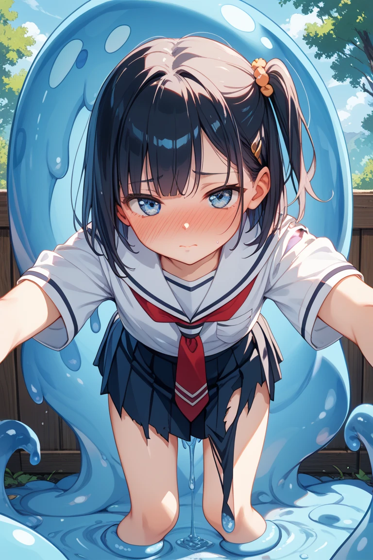 school girl, black hair, black eyes, tentacle, shrine, nsfw, slime, (intense sex