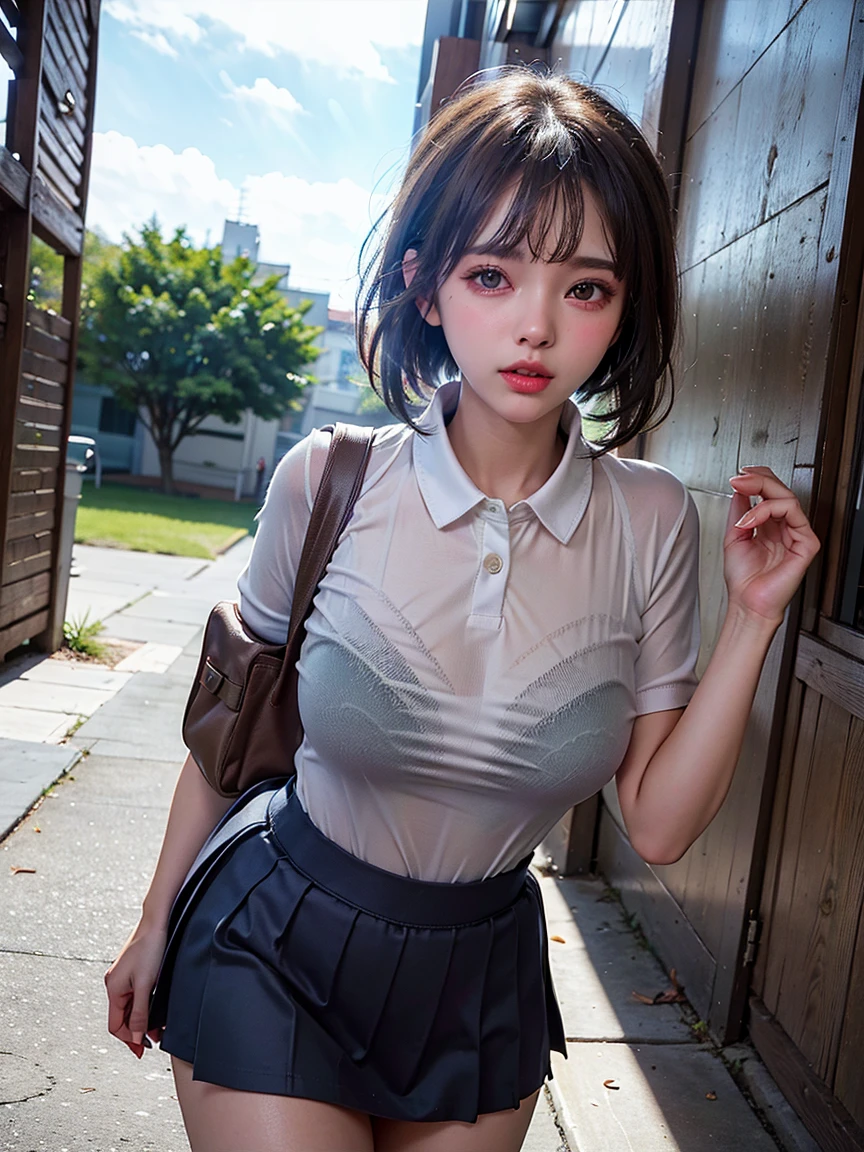violaceaess, (gardeniass, rosaceaess:0.8), (masterpiece, best quality:1.4), delicate girl, beautiful short hair, close up, school uniform, white dress shirt, short sleeve, dark grey pleated plaid skirt, 8k, 50mm portrait, raw photo, absurdres, breasts focus, large breasts, thin arms, very thin waist, arch back, no makeup, worried, sophisticated, facelight, clear lighting, film grain, chromatic aberration, (dark red necktie:1.2), (wet shirt:1.3), street, bokeh, (simple background:1.2)