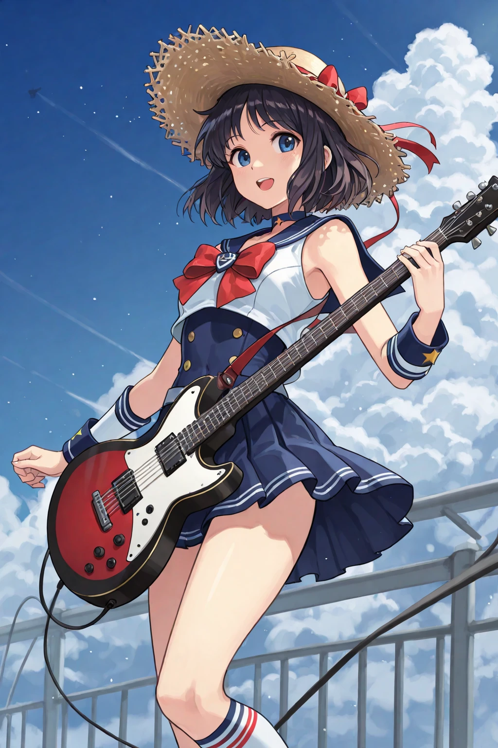 night, Parties, On stage, 1 Girl, holding electric guitar, Small Breasts, Umbilical cord, clavicle, Swimsuit, wet, beach, Starry Sky, masterpiece, best quality, High resolution, Fine details,