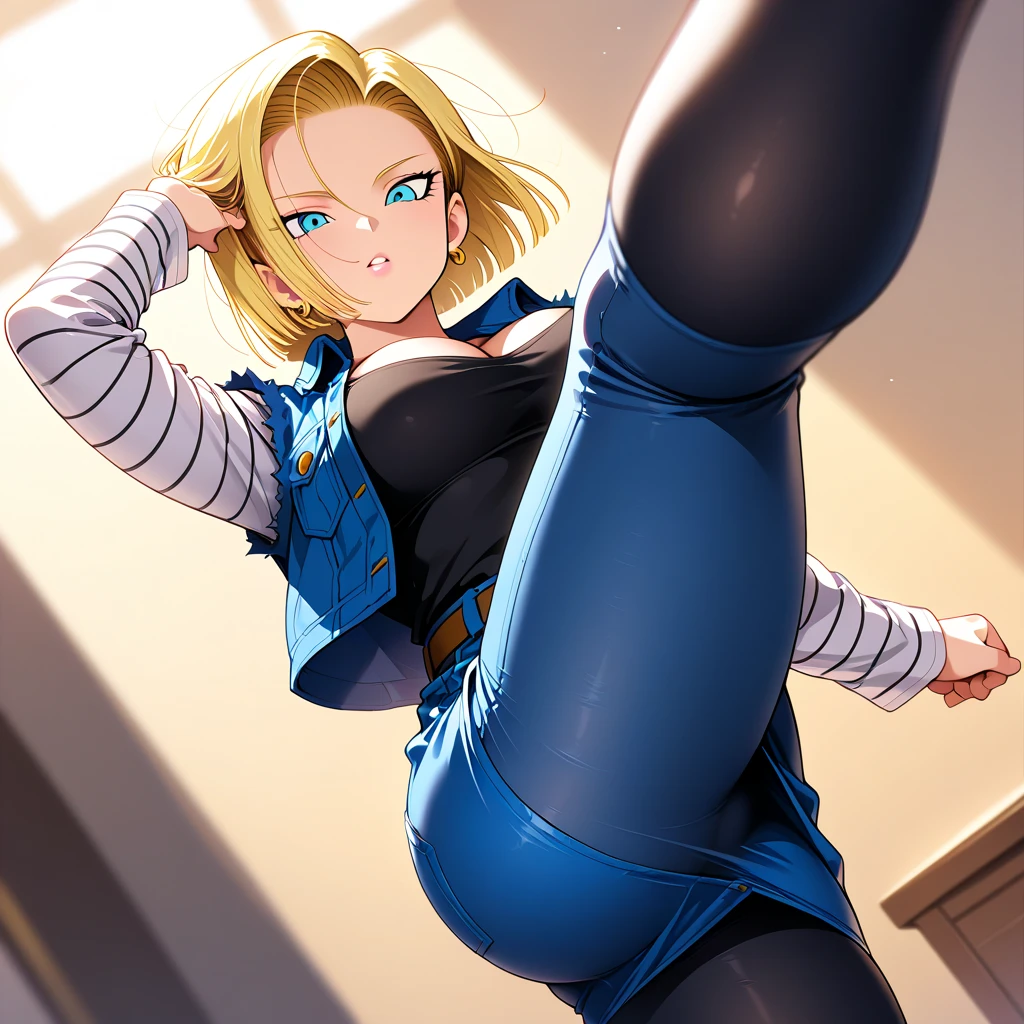 masterpiece, (Photorealsitic:1.4), top-quality, beautiful lighting,Android18DB, 独奏, 耳Nipple Ring, jewely, ((embarassed expression)), The shirt, a belt, ,((Black pantyhose))、 denim_Skirt, Raw photography, 8K UHD, film grains,(((Clothes are see-through)))、panties on、((lift up one's skirt))、high-heels、(((the whole body is wet)))、all-fours