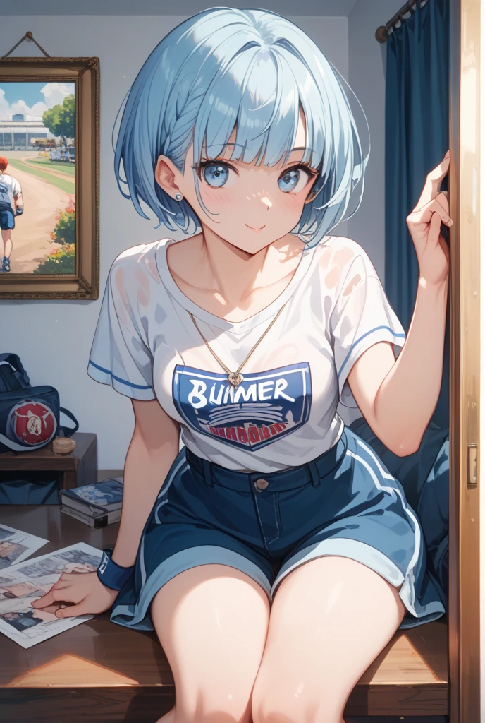 masterpiece, best quality, ultra-detailed illustration, 1boy, boy, Blushing, smiling, cheerleader, microskirt, crop top, showing stomach, showing underwear, stadium, night
1boy, aqua hair, spiked hair, short hair, red flat chest, white tshirt, sign on shirt, blue skirt, red sneakers, red shoes more_details:1.5