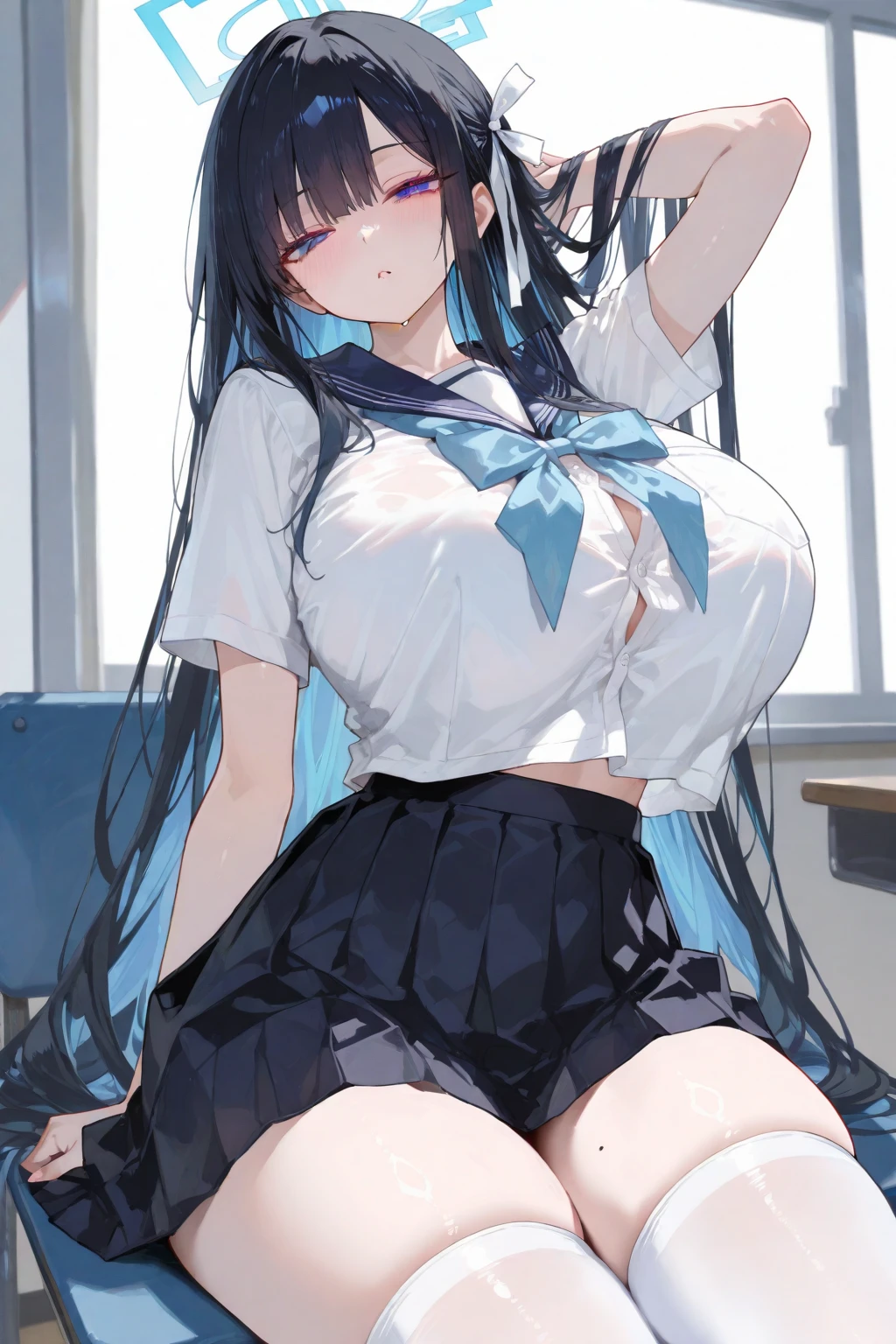 best quality, ultra-detailed, (1girl, solo, <lora:Reika:1:1,0,0,0,0,0,0,1,1,1,0,0,0,0,0,0,0,1,1,1,1,0,0,0,0,0>, Aoki Reika, long hair, hair clips, blue eyes, blue hair, blue uniform, blue tie, pleated skirt, hair clips, school uniform, thick thighs , blush, confused, standing, breast hold,<lora:oppai_control_v1.0:1.5:0,0,0,0,0,0,0,1,1,1,0,0,0,1,0,0,0,1,1,1,1,0,0,0,0,0>),