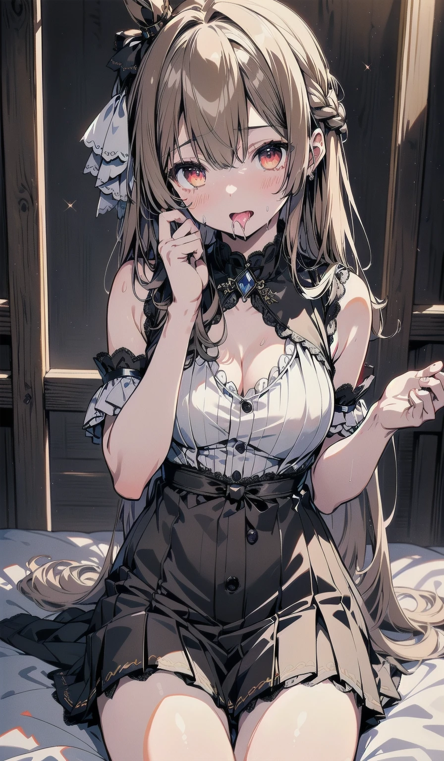 (masterpiece:1.6, highest quality), ((Ultra-high resolution、Very delicate、Optimal Configuration、beautiful light shines、unity 8k wallpaper, 3D Animation))、((beautiful, fine grain: 1.2)), Extremely detailed CG, (Perfect hands, Perfect Anatomy),(Satono Diamond、Satono Diamond \(umamusume\),satono),Extremely detailed eyes:1.5、beautiful肌、Fair skin、bright、Vibrant colors、cute, dynamism, Detailed face, Detailed skin, Detailed clothing, Detailed fingers, Dynamic pose, Toned Legs,Small waist、Attractive thighs、Amazingly thin legs、Incredibly slim thighs、beautiful太もも、 Moisturized lips, Sweaty, (Mouth wet with saliva), Plump and big,beautiful胸、beautiful胸の形、Pointed Chest、 Sweaty and attractive cleavage,Spread your legs 120 degrees to the side and kneel over a puddle.、Ecstatic face、garter、レッグgarter、Knee-high socks、Ultra mini skirt、リゼロのMaid clothes、The second button of the shirt is undone:1.5、Red collar、One shoulder exposed、Shyness、((Desires exposed、Very shy、I'm embarrassed and my cheeks are flushed、Embarrassed and bitter、Shooting from below))、break　Maid clothes