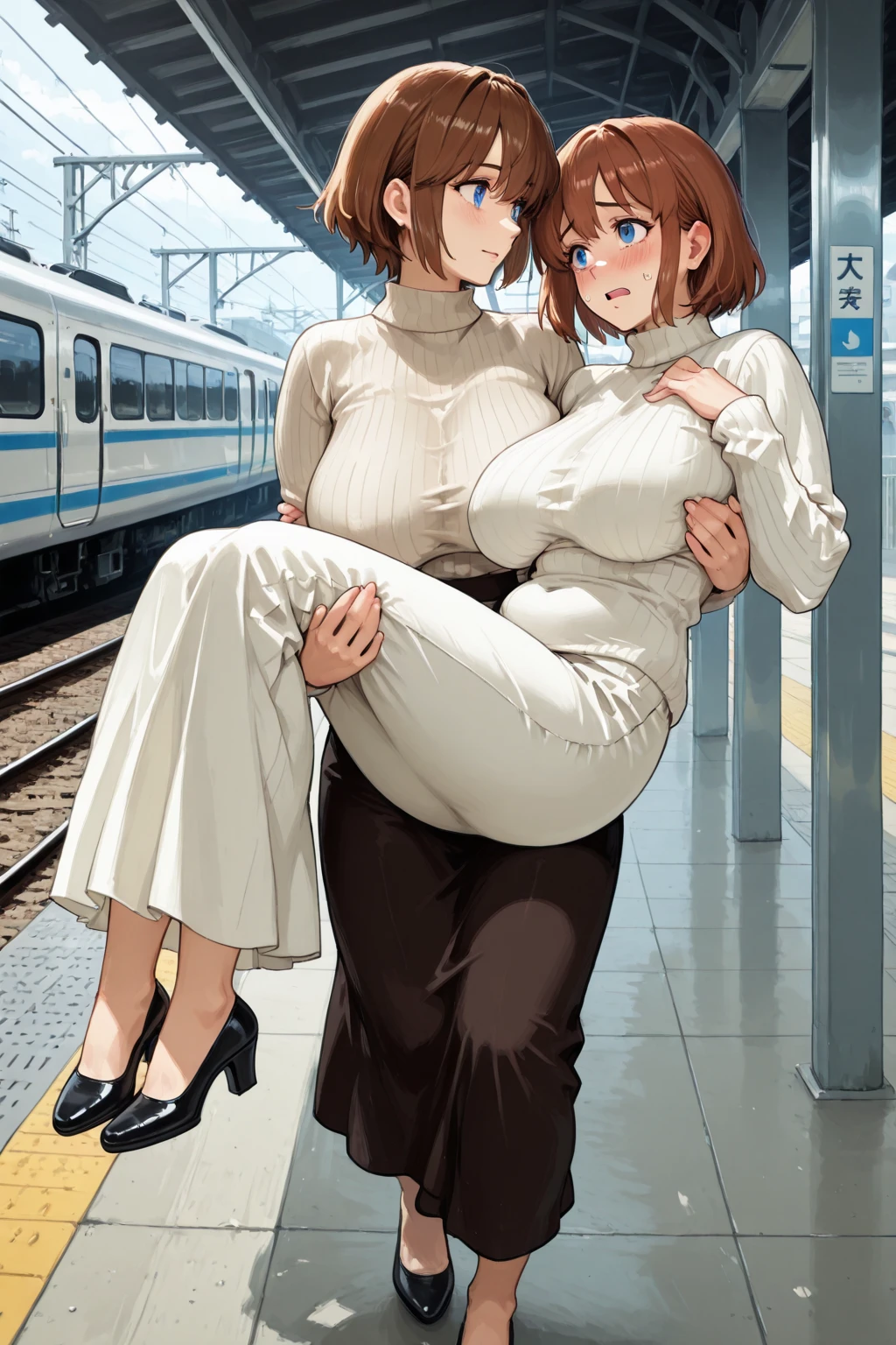 2heads, a short fat woman with 2 heads. She has massive breasts. She is sitting in an office with a window. She is wearing a tight fuzzy sweater and leggings. She looks mature. She has long brown hair in a ponytail. She has massive breasts. She looks mature. She has a stern expression. She is blushing. Her breasts are gigantic.
