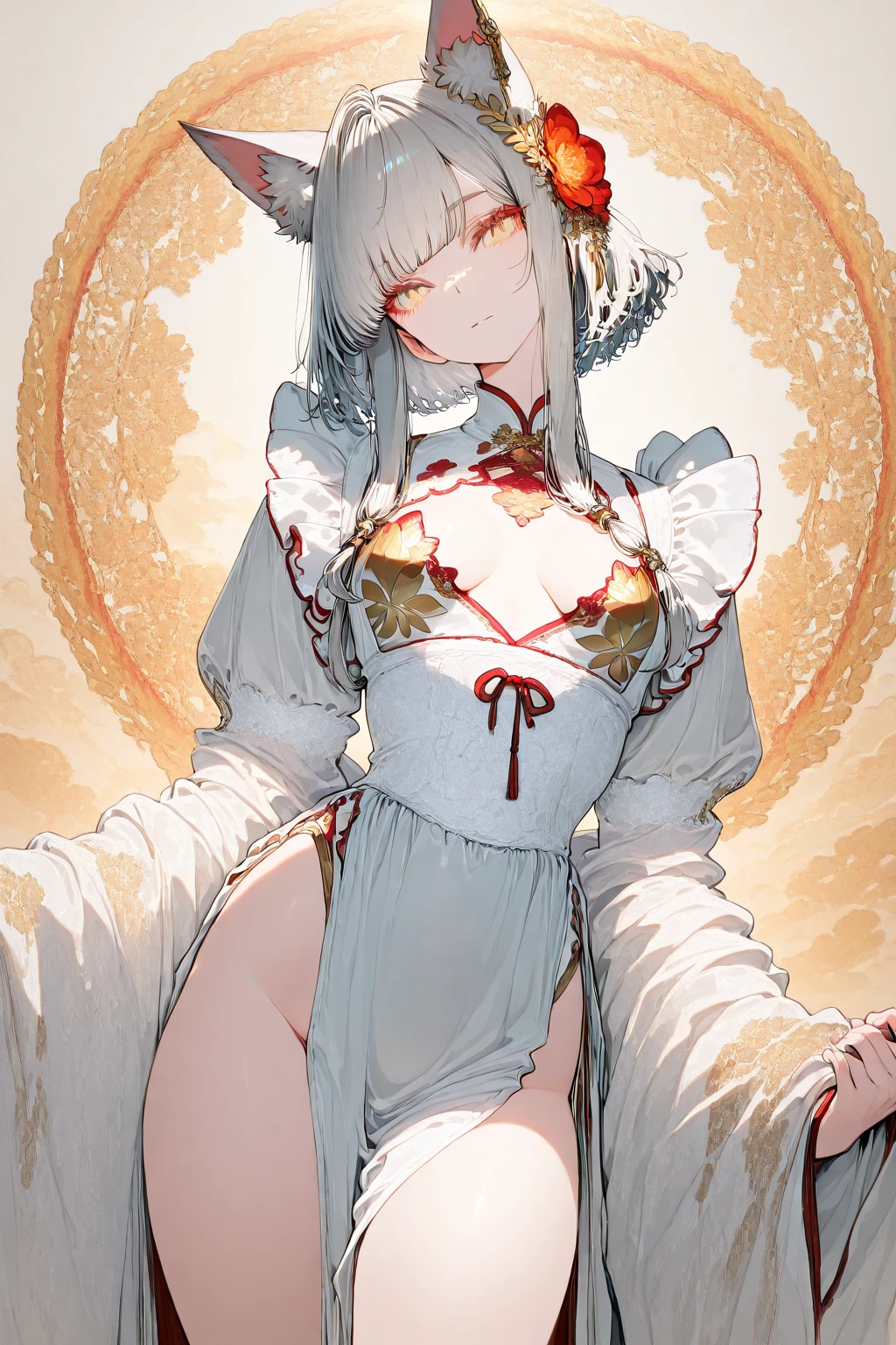 ((best quality)), ((masterpiece)), (detailed), 1girl, Character design, female, dynamic poses, long white grey hair, grey white eyes, very skinny, detailed, best quality, no accesoires around the neck, no shoes, prominent collarbones, skinny arms, flat stomach, visible hip bones, full body, blank white background, plain background, white background, red and white clothing, Bloodborne inspired, occult aesthetic, occult, detailed and intricate steampunk and detailed gothic, NSFW, Very dramatic and cinematic lighting, cosmic horror, grim-dark, side-lighting, perfect face, NSFW, Fluttering lace flared long knee length dress with frilly petticoats, knee length dress, pleated petticoats, petticoats gothic, complex lace boots, side-lighting, gothic aesthetic, wielding a mighty sword with mechanical components, mandalas, small breasts, a fairy, various different types of insect wings, NSFW, full body, whole body, body, plain background, white background, blank background, no background, white background NSFW, chains, full body, whole body, head-to-toe NSFW