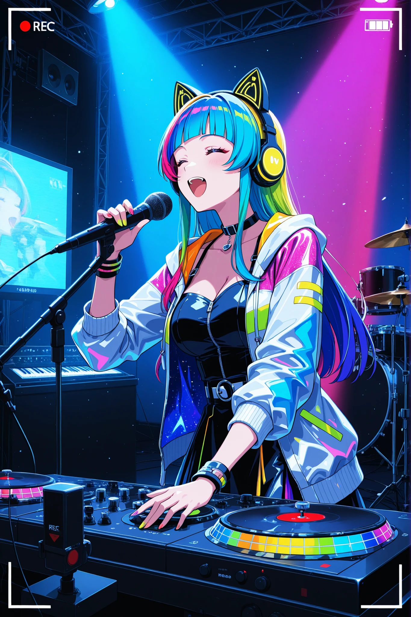 female DJ , wearing cat's ear headphone, singing with mixing music, attractive motion, moving colorful studio lighting, recording studio background, 
