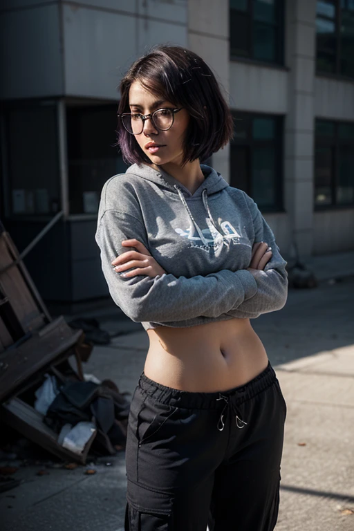 A boy stands in a winter city, boy dressed in a short crop top and black pants, Short top, crop top, black pants, It's snowing, the boy has headphones on his head, headphones on head, he's wearing headphones, crop top, black pants