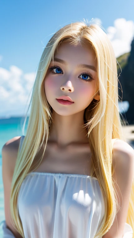 Sunburn marks on tanned skin、blush、Bright blonde hair,A cute 16-year-old girl with a cute look, A strong wind blows my hair in front of my face、Beautiful big sparkling eyes, Cute eyes hidden by long bangs、Yawn、No visible nasolabial folds、A short, light-colored miniskirt、Multi-colored summer shirt、Korean Beauty