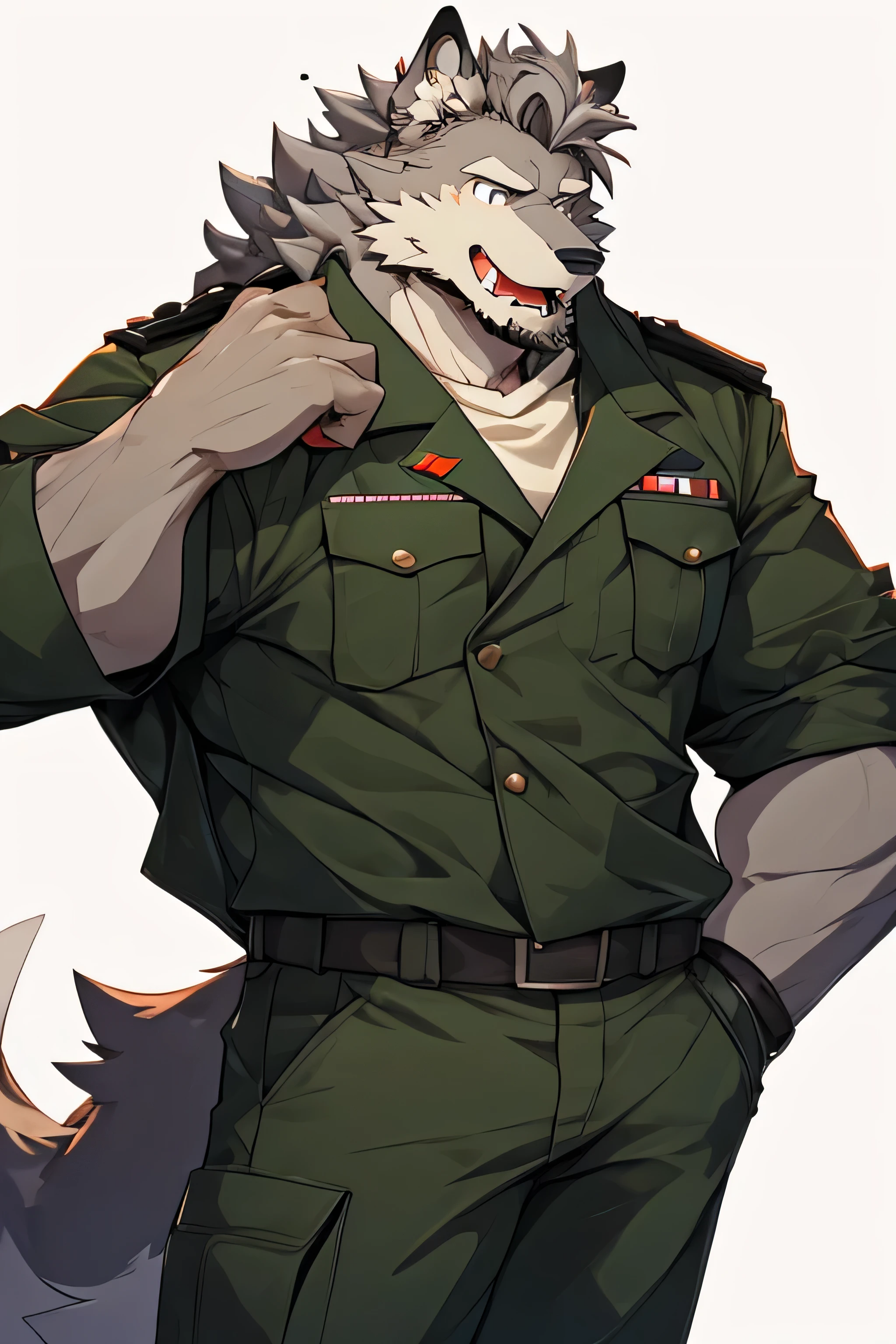Right side image of a very muscular gray furry wolf. He is wearing a dark green military uniform. He is standing in the background. with red cheeks, White Background, simple background, Little pointy hair, messy hair, Gray Hair, slightly open mouth , hapiness, put your hands in your pocket, watched the audience, and a long, fluffy gray tail