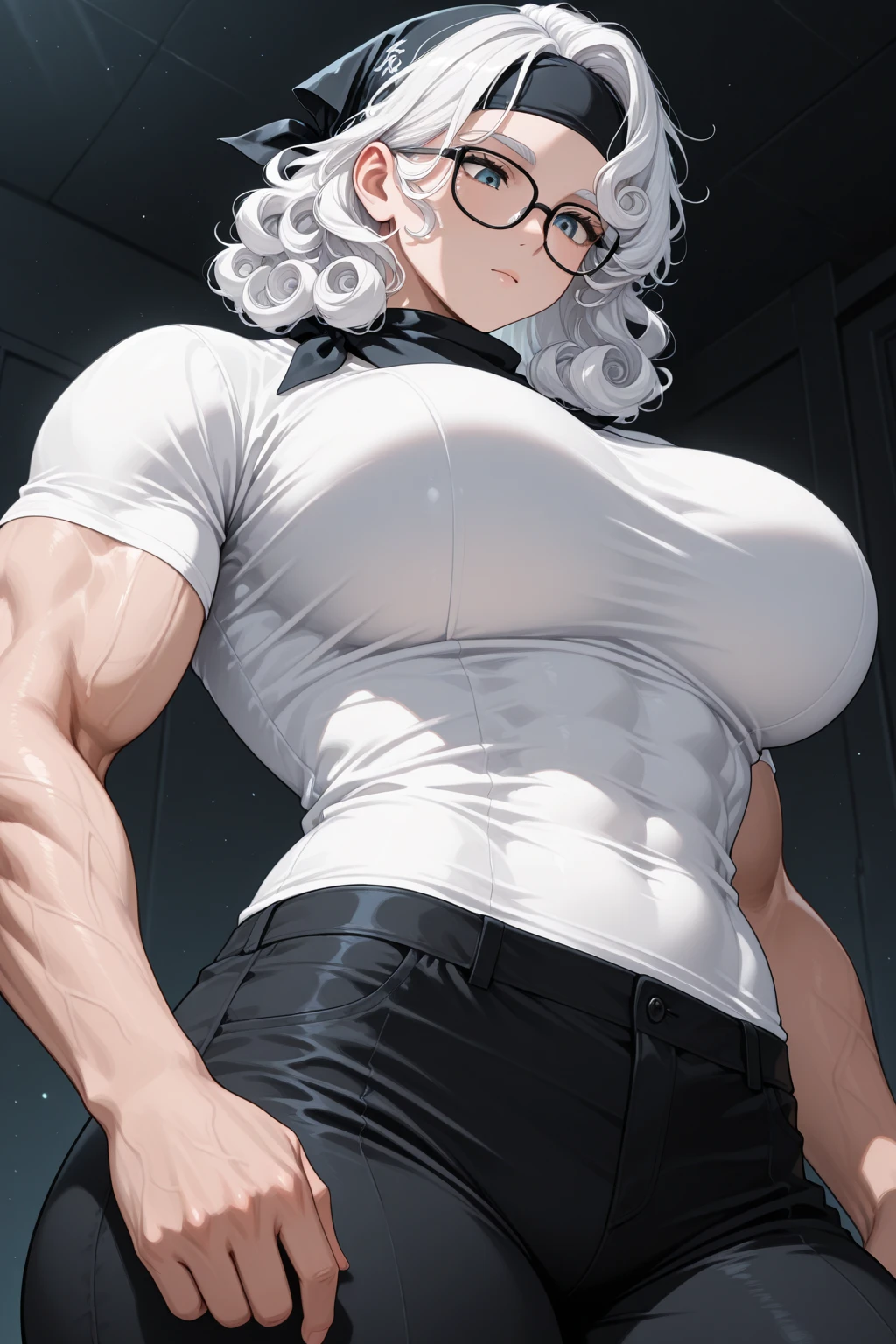 <lora:Iwao-NAI-LyCORIS-512px:0.9>
mature female, standing, from below, hands on hips, huge breasts, muscular female, short white hair, glasses