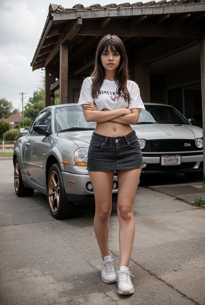 sexy white woman, black hair, standing next to a car
