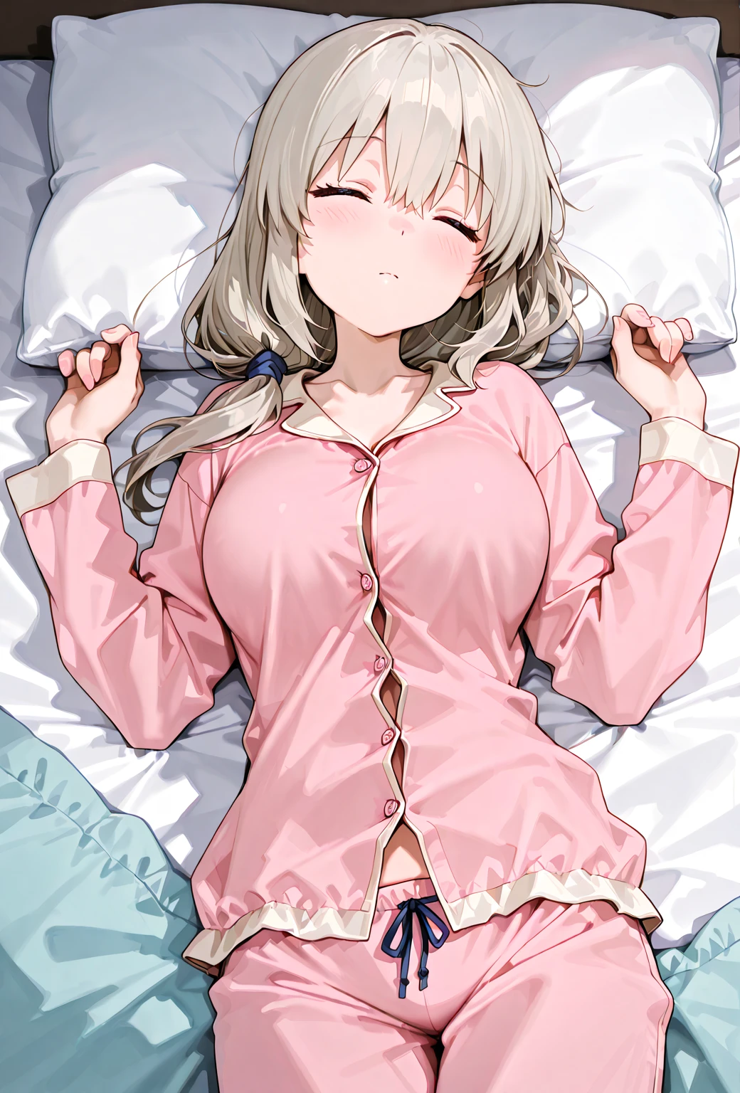 NSFW, silver blonde hair, grey eyes, straight hair, medium size breasts, heart shaped eyes, blushing, cute pajamas, cleavage, sexy panties, solo, sleeping with viewer