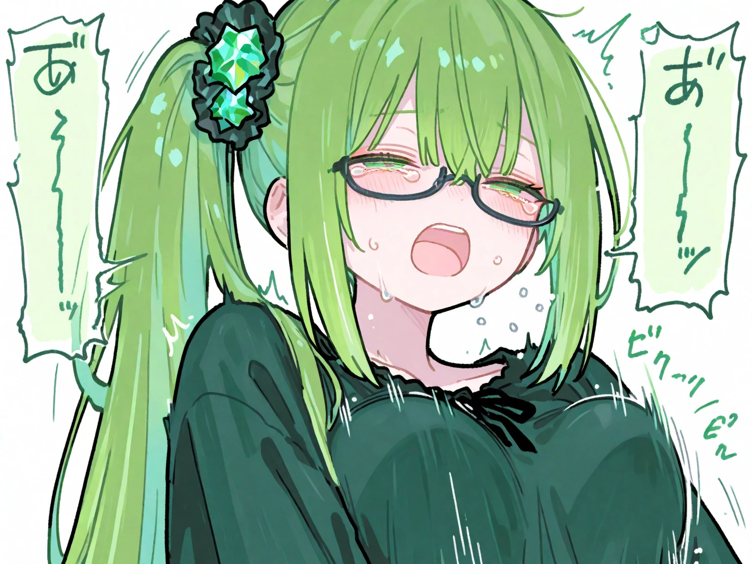 Big milk, girl, naked, green hair, school uniform, Vibrator, Bangs, Square glasses, sperm , ahegao fase, full body, loli, at school