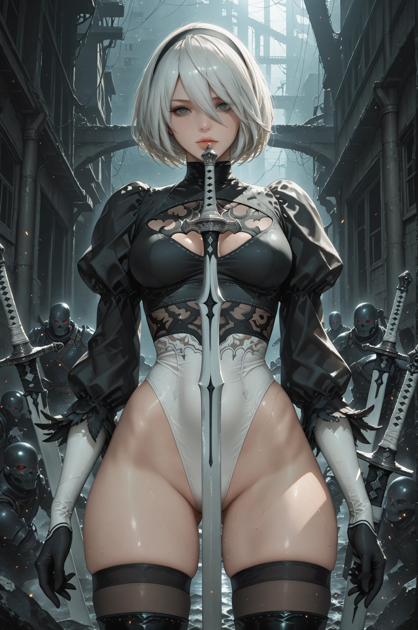 (((8k,best qualtiy,masterpiece1.4,hyper-detailing)))(Girl with sword and hoodie in urban environment), Natural breasts:1.0, (Slim waistline, Hip circumference:1.0, pelvis:1.0), (full bodyesbian,depth of fields), (slenderlegs), wet with oil:1.4, ((Detailed beautiful face)), (perfect eyes, Detailed eyes), (detailedfacialfeatures), beautiful and clear eyes, detail eye pupil, Gloss on lips, (eyeslashes:1.4), detailed hairs, (((Crisp short hair))), The sheen, perfect hand, Tightened,(The perfect sword ),Deny automata, 2 b from nier automata, 2b from nier automata, Neil 2 B, nier autoamata, 2b, 2 b, nier, Extremely detailed Artgerm, nier automata, by Yang J, nier:automata inspired, nier : automata inspired