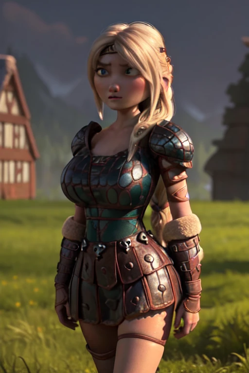 masterpiece, high quality, best quality, realistic, perfect face, expressive eyes, astrid hofferson, 1girl, solo, blonde hair, (braided-hair, single-braid:1.2), long hair, blue eyes, armor, huge breasts, v-cut, absolute cleavage, voluptuous, zettai ryouiki, (dark, night, darkness:1.3), depth of field, cinematic lighting, standing, contrapposto