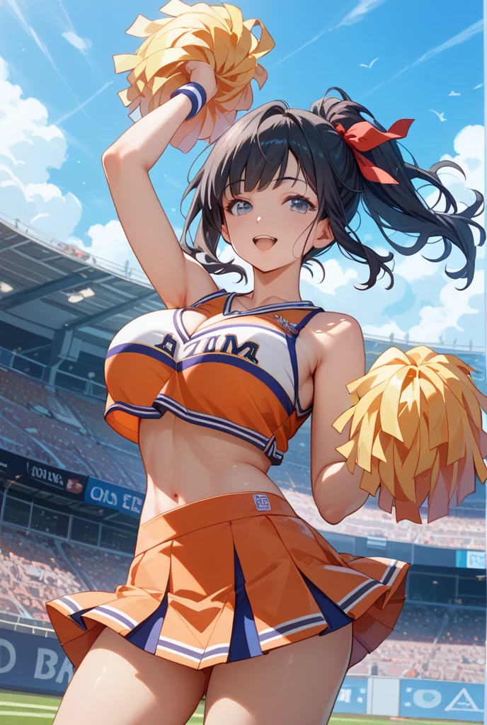 Highest quality,Highest Resolution,Beautiful cheerleader girl with pom-poms,Sweat flying,Big eyes,Belly button,Underwear that becomes transparent due to sweat,Black hair ponytail,Diagonally below,Arena,support,