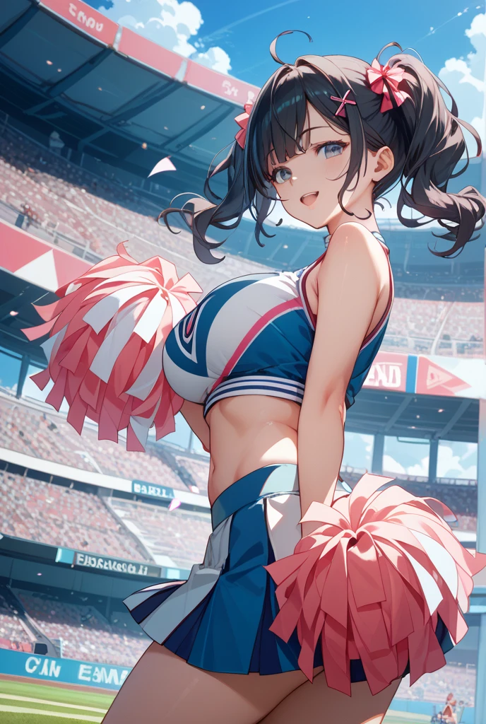 Limited to 1 female, (dynamic posing), Cheerleader (Stylish uniform style costume), mature woman, /(black hair/) bangs, blush and smile brightly, (Masterpiece of the highest quality:1.2) Delicate illustrations super detailed, big breasts(REAK with pom-poms /(court) Grass, outdoor, audience, (white レースパンティー with black little lace:1.3), show off panties