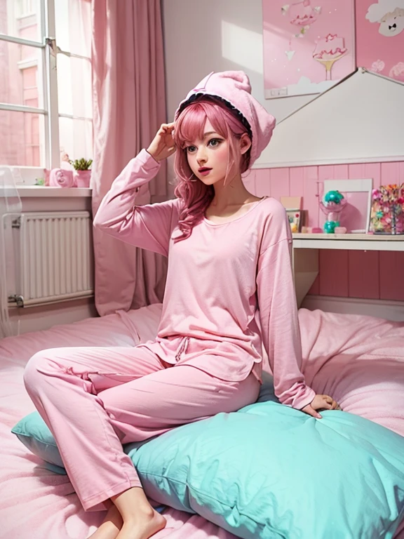 The upper body of a teenage Chinese girl, natural lightting, Detail features, CG, globalillumination, sexual position, 4k, cinematic ligh, full bodyesbian, Long white socks, randome pose, high high quality, best qualtiy, 8k, slips, showers, In the bathroom, Over-sieved cloth, On the cloth, looking at viewert, clear features, Random strawberry logo on cloth, long pink hair, Pink hair, On the cloth, hoodie