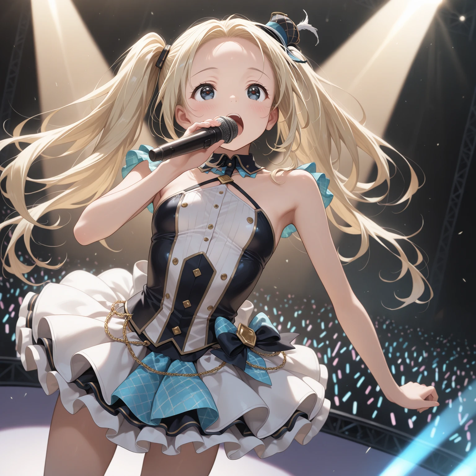 Chibi Character、、、blondes、Brat、Sing with a microphone、white idol costume,A back view of a singer singing to a large audience,Be showered with cheers,Pull angle,Full Shot,Accurate Body,Accurate 5-finger,wireless microphone,whole body,Angle from above and behind,Precisely structured body,From 10m behind,Back view,Spectators holding colorful grow sticks
