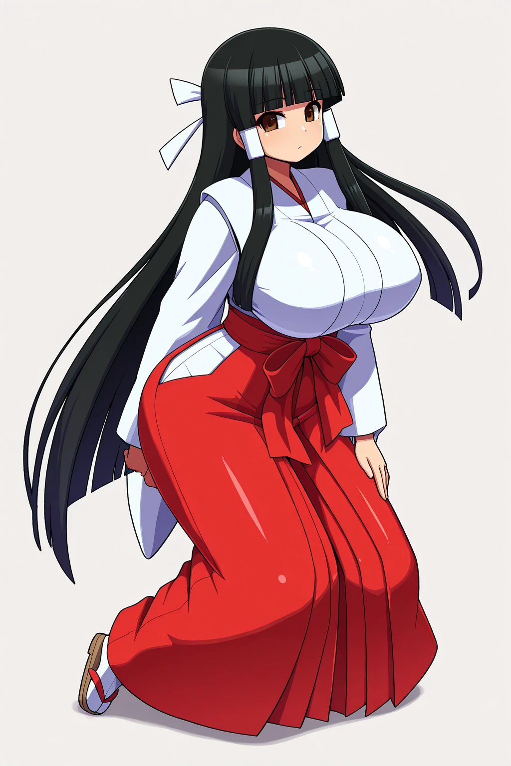 Samurai woman with gigantic round breast that are twice the size of her head, she has extremely wide hips, she wears a long dark hakama that covers her body, holding katana, she has a serious look on her face, ready for battle