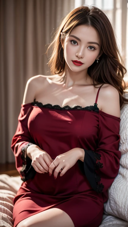 A young woman in a scarlet blazer, smart eyes, wearing glasses., Shiny black hair, Three-dimensional curved eyebrows, and plump pink lips. have a gentle smile, small earrings,Flawless necklace pendant. Breasts push up the beautiful dress.. Red blazer over white t-shirt,black skirt businessman, administrator., Office sofa, sharp and realistic