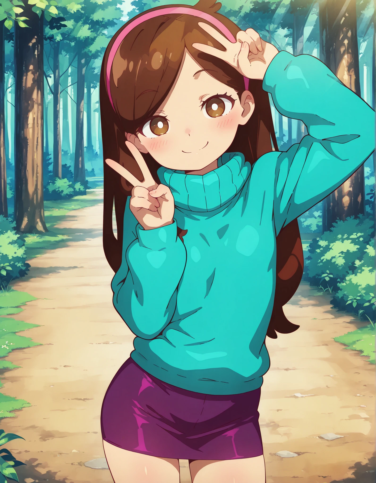 solo, masterpiece, best quality, amazing quality, very aesthetic, absurdres, newest, GraF_Mabel, brown hair, long hair, cowlick, brown eyes, white pupils, pink headband, eyelashes, swept bangs, blush, 1girl, solo, turquoise hoodie, long sleeves, turtleneck, purple mini skirt, looking at viewer, smile, standing, one peace sign, forest, official style, anime_screencap