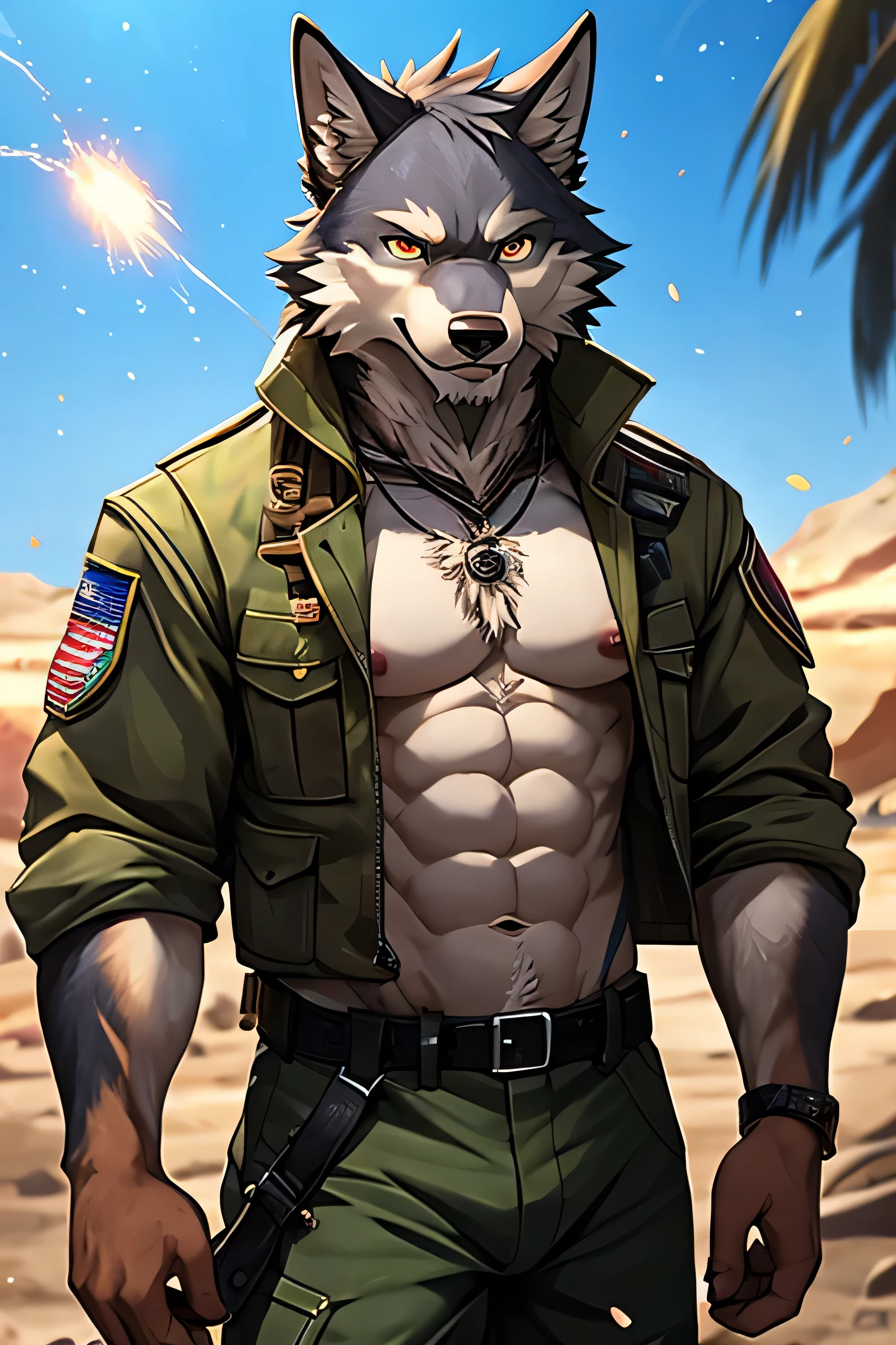 Male warrior wolf anthro, Conceptual art, Alone, strong eyes, jockstrap, anything, masterpiece, ABSurd res, 2023, extreme detail, ABS, Pecs, dark nipples, torn military shirt, by taran violinist, fighting pose, hair