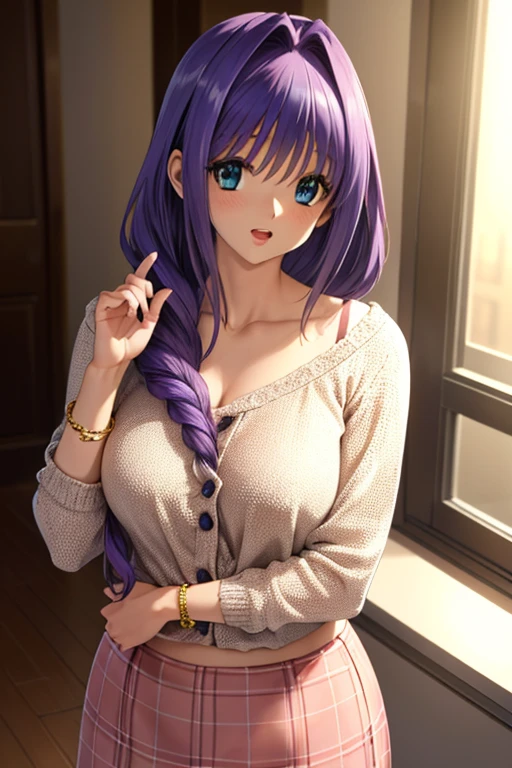 (ultra realistic,32k, masterpiece:1.2),(high detailed skin:1.1), 8k uhd, dslr, high quality,(makeup, mascara:0.9), (thick\lips\),
 <lora:IzayoiMiku:0.7>IzayoiMiku, long hair, IzayoiCasual, purple dress, pink jacket, , <lora:add_detail:0.8>, huge breast, 
(looking at viewer, sitting, crossed legs, from above:1.1),,
,(soft shaded:1.1), blank background
