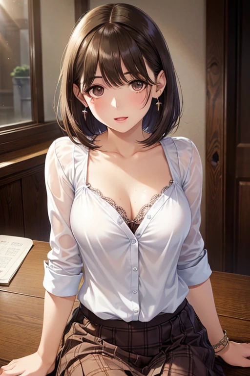 (Tabletop、Highest quality, High resolution,  Masterpiece, 4K), (Luxury hotel lobby、Very bright room、Strong light from the front、Luster of hair、Beautiful eyes、Full body photo)、18 year old young woman、The whole body is visible、Staring at me lovingly ((Soft wavy short hair、Ash brown shiny hair)), ((Wistful eyes、Gray Eyes, Long eyelashes)), ((Light on the face、Detailed face, blush:1.1)), ((Smooth texture:0.75, Realistic texture:0.65, Realistic:1.2、Anime CG Style)), Medium chest、valley、Dynamic Angle、A body with just the right amount of flesh、I see beautiful legs、（High 、Buttoned shirt、Cute Mini Skirt、Cute Earrings）、i want to kiss you、Embrace yourself、Angle from below、I want to touch my breasts