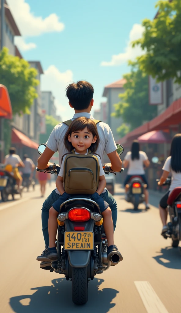 Generate a picture of boy and a girl on scooter under the flyover on a wide road at night and some of vehicles with beautiful street lights camera angle by side