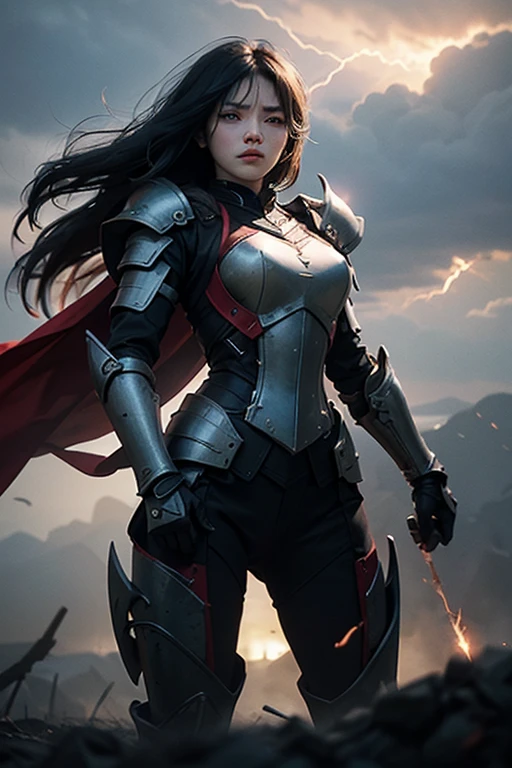best quality, 8k uhd, dslr, soft lighting, high quality, volumetric lighting, (wh_chi_armor:1.3),1girl,(bloodshot eyes),furious,fight stance, holding sword,heroic,blood on face, blood on clothes,flying blood,battlefield,red dragon flags,smoke,sunset,