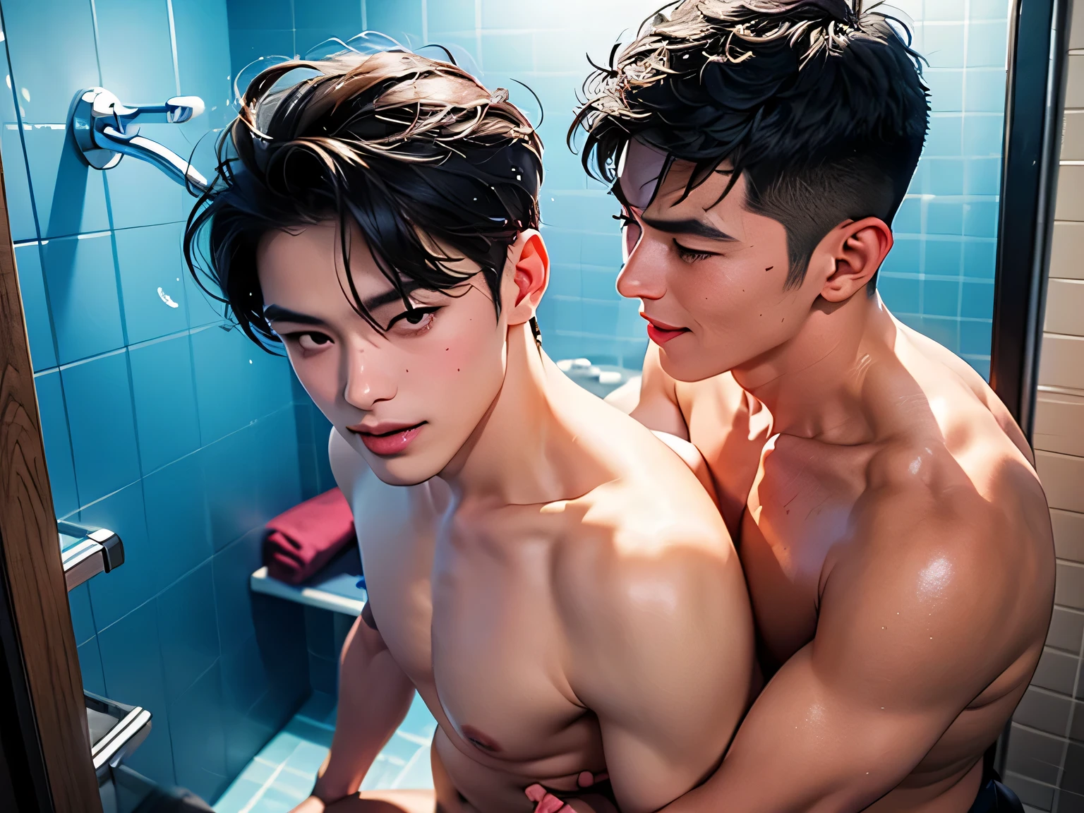 full body, two male, kissing, handsome, topless, white Jockstrap, pool (ASTERPIECE:1.2),(CGI ART:1.3),(REALISTIC:1.5),(POST PROCESSING:1.3),(SHARP FOCUS:1.3), 8K, (((shiny skin))) (high shadows detail) , (ILLUSTRATION:1.2), (ulzzang-6500:1.0)