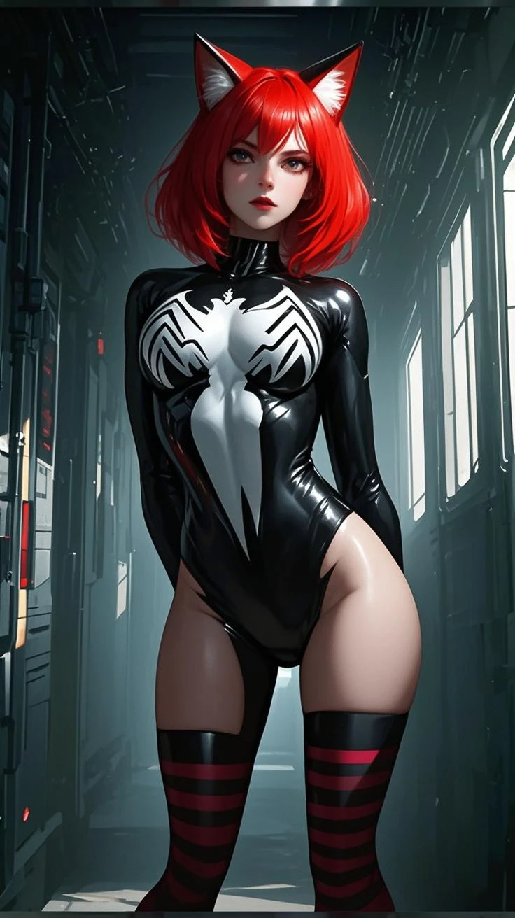 4K,realisticlying,Glamorous,The is very detailed,There is a girl in Dingcheng,Red hair,Wearing a black Spider-Man costume,(Black and white:1.4) the night,symbiote,venomize,a large amount of mucus,she is a spiderman,Black superhero theme,In front of the sky,Flushed complexion,( Open legs, camel-toe,, Vulvar shape:1.3),(GGCameltoe:1.3)Legs apart,25 age old,full bodyesbian