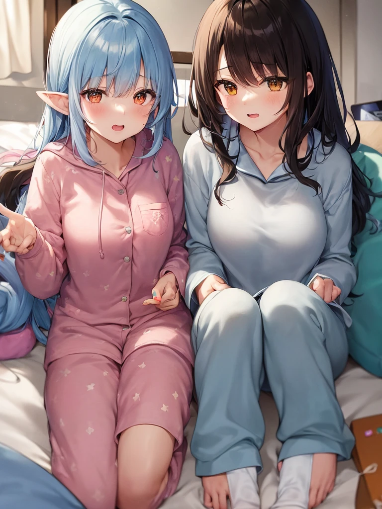 (Kigurumi pajamas style) (twins elf in a detailed:1.2 Whale hooded, whale kigurumi), (69 yo, straight silver hair long hair cut elf twins woman, detailed silver eyes, grin smile), break, in the lovely bedroom of night, BREAK, masterpiece, best quality, 16k, beautiful detailed night, daydreaming expression.