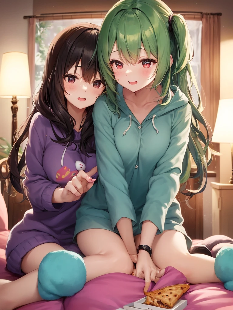 ((Лучшее качество)), ((шедевр)), (подробный), a girl of about 12 years old is dressed in a shirt and a mini skirt lying on the bed with her legs spread apart, her feet and her underwear are visible, she has black hair, one eye is green, the other is blue