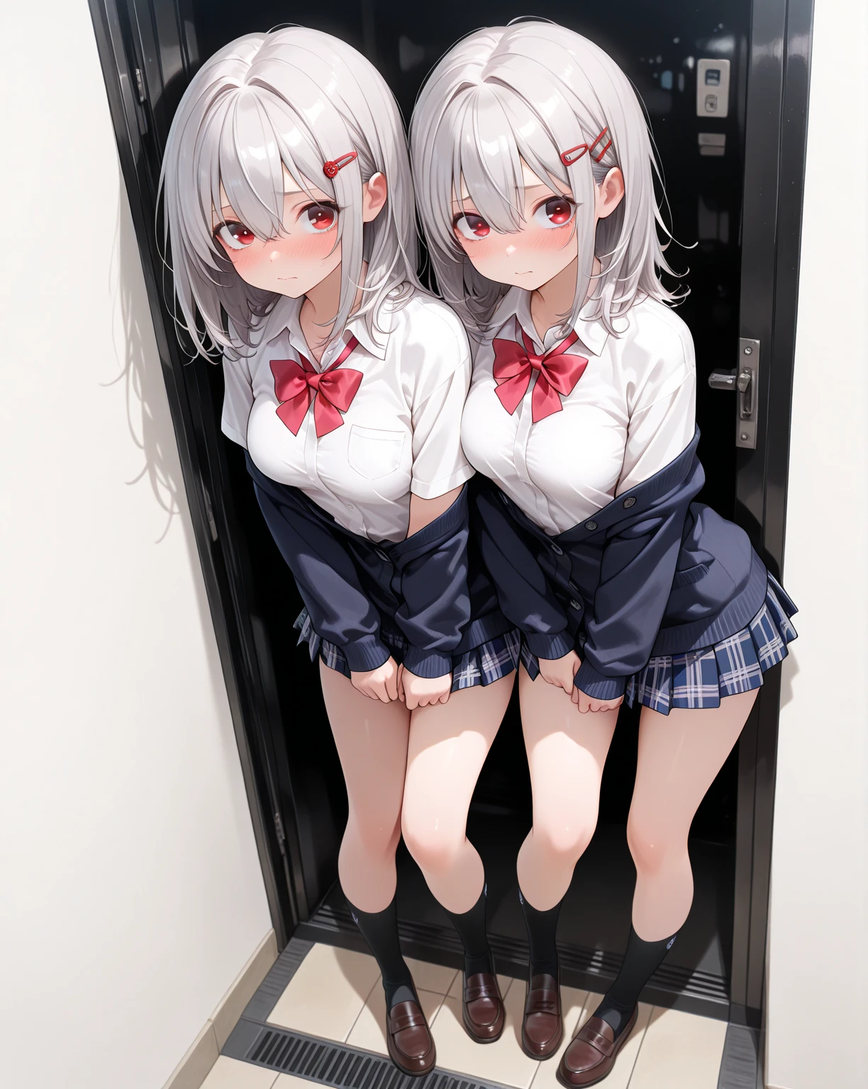 (multiple person), exceptional ,best quality ,(((two naked beautiful girls are talking side by side))), ((naked pussy)), ((angry face)), in school,shoulder bag, crying face, tear,long socks, uniform ribbon (((all girl's naked breast and pussy))), (naked nipple splash milk), embarrasing face thin legs , embarrassing ,(((sit and open her legs  on school corridor))), (surrounded by many public view) ,cute eyes,2_girls,urine_stain,women
