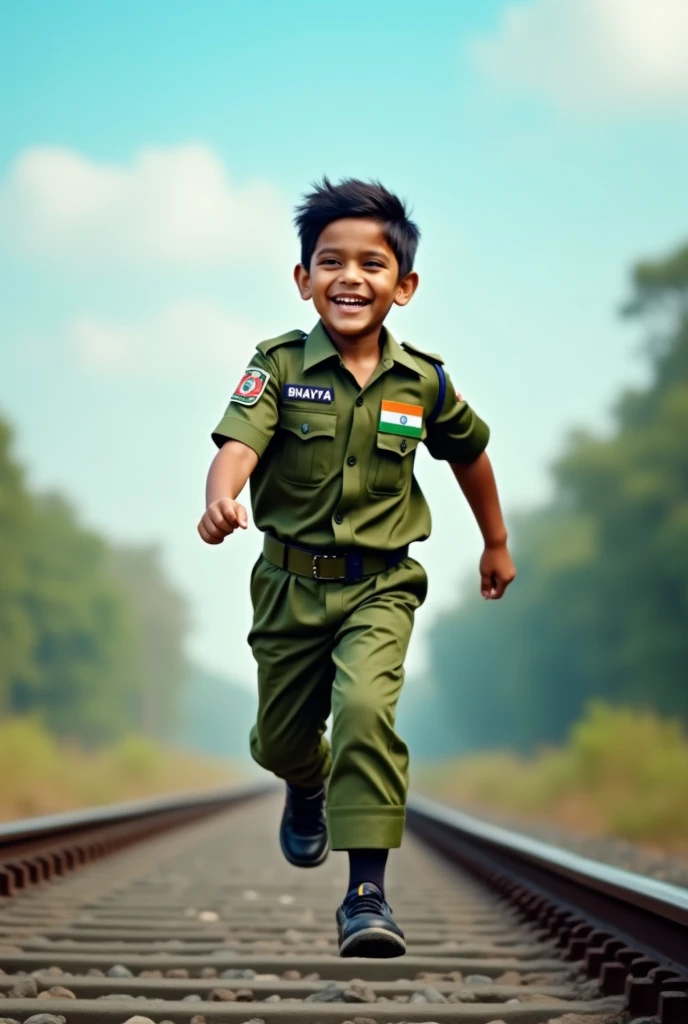 Ultrarealistic beautiful smiling 5 year old boy in army dress holding indian flag in hand 