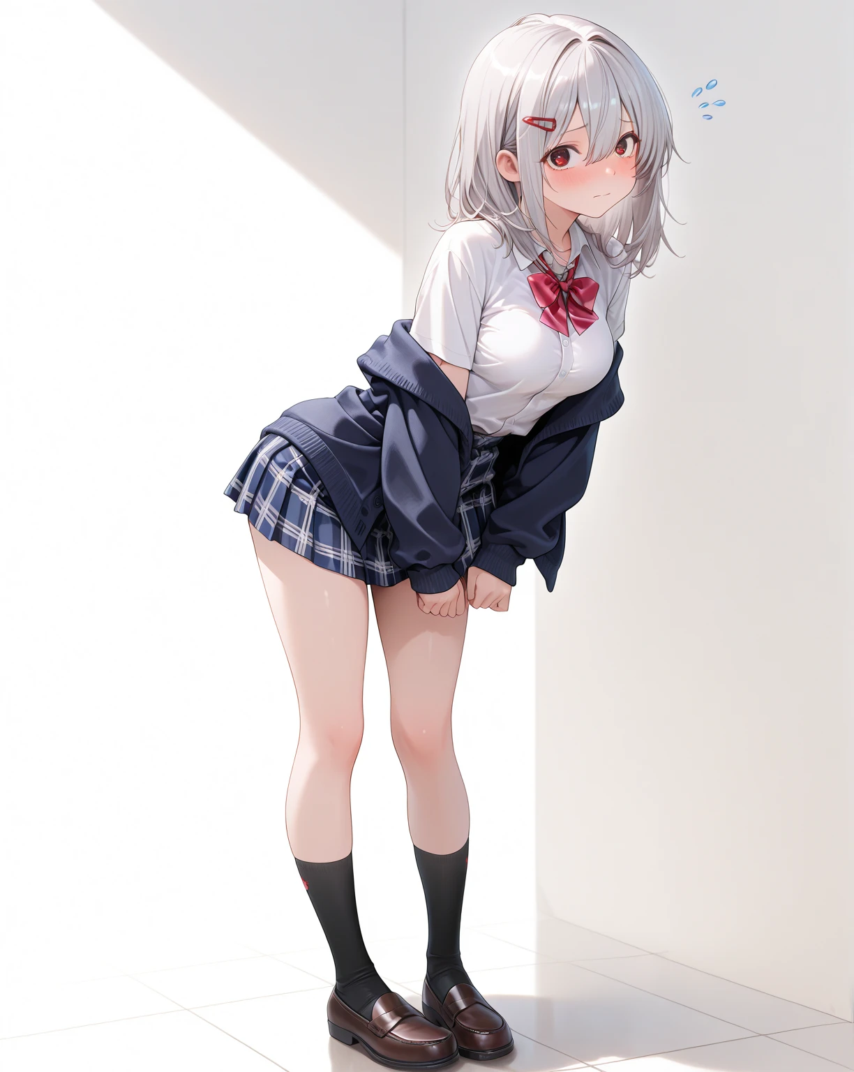 ((Masterpiece), Top Quality, Girl, (High School Uniform), , Silver Shorthair, Blue Eyes, (Skirt Deflected), (White Panties), (Small), Perfect ???????
