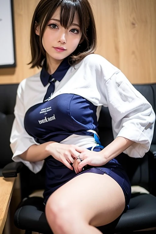 masterpiece, best quality, illustration, Super detailed, fine details, High resolution, 8K,wall paper, perfect dynamic composition,(Details High quality, realistic depiction of eyes:1.3), oversized judo uniform white, sitting, open legs, short bob hair, in a hotel room in the background, large breasts, black hair color, Big Natural Color Lip, (perfect body shape), crying a little、Harajuku style、20 year old girl、cute type、beautiful legs, Gravure Idol