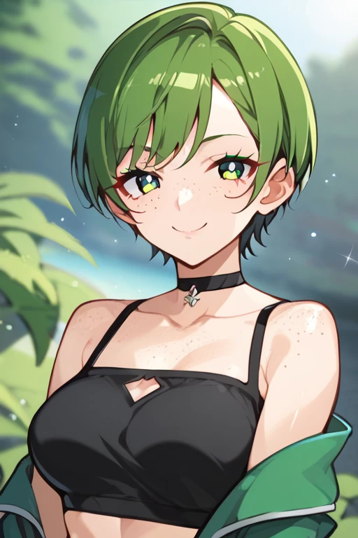 Midoriya izuku female,Green hair, short hair, green eyes, big breasts, dress, cleavage, sexy, cute,